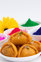 Saffron Gujia Also Called Kesar Gujiya, Pirukiya, Pirukia, Pedakiya, Karanji, Basundi Or Gughra Stuffed With Mawa, Khoya, Chasni, Mava - Indian Sweet Dumpling For Deepawali, Teez, Holi, Diwali, Teej
