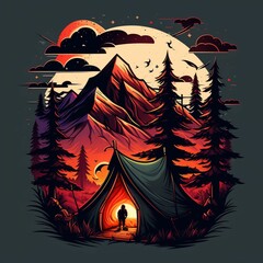 Camping with mountain painting portrait background 