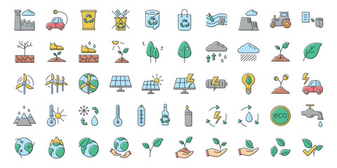 Big Set of vector isolated flat eco icons. The concept of environmental conservation, human harm to nature.