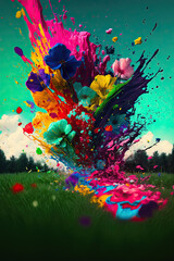 Fototapeta na wymiar Splashes of colorful paint and flowers. Generative AI.