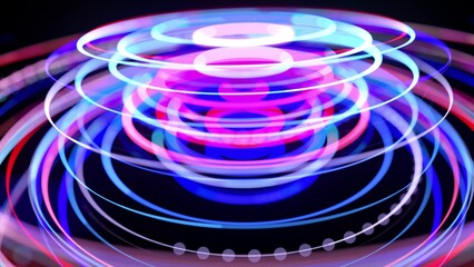 Light flow in ring structure, bg. 3d render. Abstract background with light trails, stream of red blue neon lines in space form rings. Modern trendy motion design background. Light effect