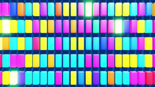 3d abstract simple geometric background with multicolor cubes. Random cubes flash with neon light on plane. Creative simple motion design background with 3d objects. 3d render