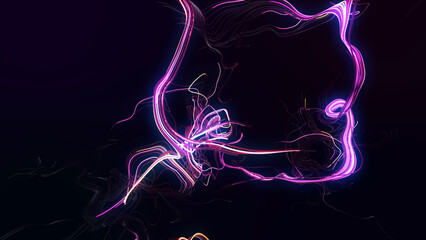 Multicolor flash of curl noise. Running neon lights like garland or lightnings. AI signals. Concept of neural network, artificial intelligence. Abstract bg. 3d render