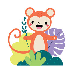 Cute rainforest in bushes. Adorable African baby animal on nature cartoon vector illustration