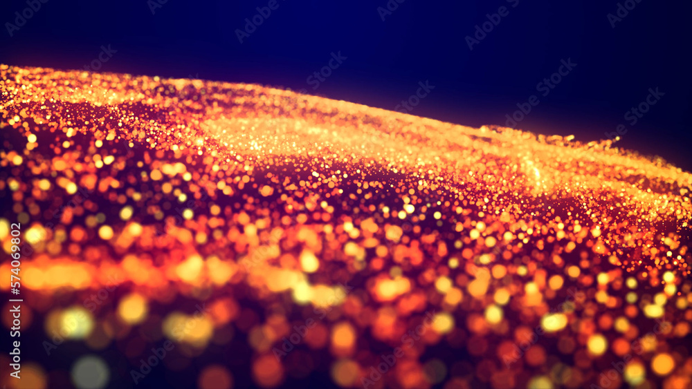 Aufkleber abstract bg, golden magic glitters fly in air form beautiful swirls. fiery sparkles float in viscous
