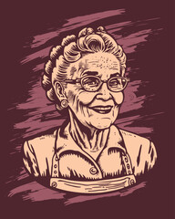 Happy grandma old woman vintage woodcut hand drawn engraving style illustration vector eps 10