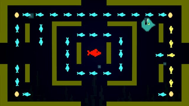 8 -bit style game animation, a shark eating fish, pixel, 2d animation, art