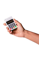 hand holding mpos. Credit card payment method.