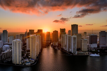 Brickell Key,Miami Downtown at sunset,.Aerial, .Miami,Miami Beach South Florida,USA