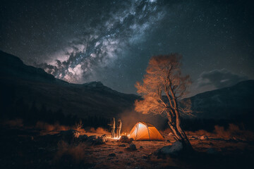 Couple camping in the Italian Dolomites with a tent, under the stars and milkyway