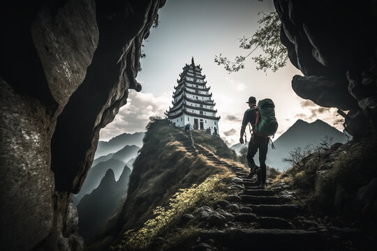 A trekker hiking up a steep mountain trail with a pagoda in the distance, shot from below to emphasize the epic nature of the climb. Nepal Asia