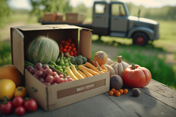 Farm-to-table delivery: A farm-to-table delivery service showcasing fresh fruits and vegetables sourced from local farms, with vibrant colors and crisp textures, food advertisement style