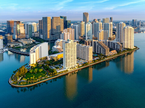 Brickell Key,Downtown Miami and Four Seasons Hotel sunrise.Miami,South Florida,Dade,Florida,USA