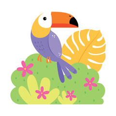 Obraz na płótnie Canvas Cute toucan sitting on bush. African bird on nature cartoon vector illustration