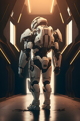 Fototapeta na wymiar full body armored space suit with boots, futuristic, character design, generative ai