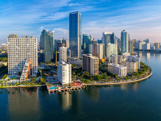 Fototapeta na wymiar Brickell Key,Downtown Miami and Four Seasons Hotel sunrise.Miami,South Florida,Dade,Florida,USA