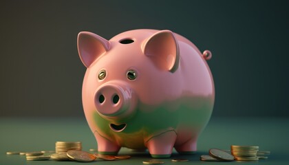 cute pink piggy bank with gold coins