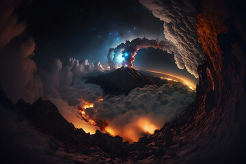 Fototapeta na wymiar topdown view of Active Volcano with clouds, generative ai