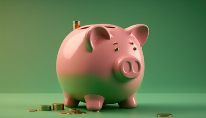 cute pink piggy bank with gold coins