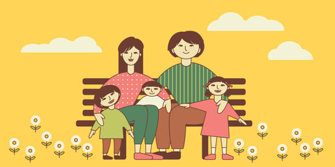 Korean family sitting on a bench in public park. Happy Asian family: mother, father, children. Motherhood and fatherhood. Man, woman, boy, girl rest on holiday. Cartoon character vector illustration.