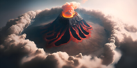topdown view of Active Volcano with clouds, generative ai