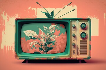News on tv in boho style on a colored background, concept of Boho Chic and Retro Design, created with Generative AI technology