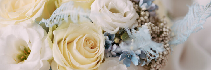 Wedding flowers banner, bridal bouquet close-up. Rose decoration, close-up, selective focus, nobody, objects