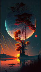 landscape with tree and moon iphone wallpaper made with generative ai