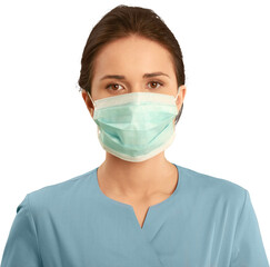 Female healthcare worker wearing scrubs and a face mask