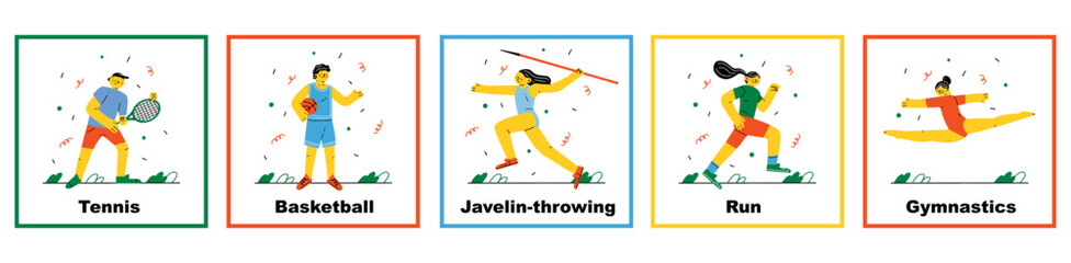 Fototapeta premium Group of abstract diverse people in sport athletic poses. Javelin-throwing, basketball, tennis, run, gymnastics. Hand drawn colorful Vector. Olympic Games, competitions vector characters