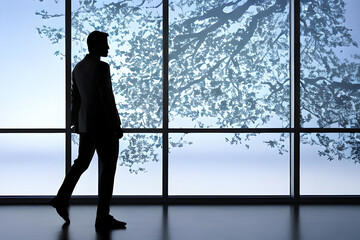 The office man's silhouette at the institution window. Minimalism-style modern house interior with hanging tree branches outdoors behind the window glass. Ai illustration.