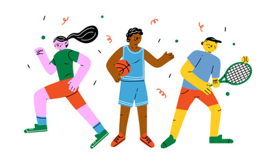 A banner or poster. Tennis, runner, basketball player. Summer Banner background. Physical activity, healthy well being concept. Vector illustration. Athletes Male and Female Characters Isolated Round.
