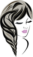 woman with hair. Icon hair, girls face, template for the logo. Beauty logo with woman face. Pink lips, sexy woman's kiss with birthmark, flat style, vector illustration. Beauty logo.