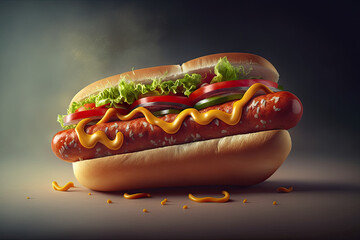 ai generative bun with sausage and mustard, hot dog