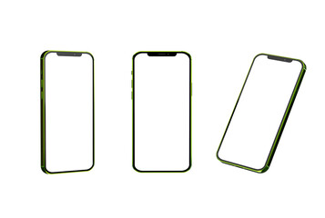 Isolated telephone in different positions on a transparent background with a white blank display....