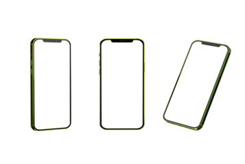 Isolated telephone in different positions on a transparent background with a white blank display. Technology concept, using phone to communicate content.