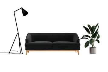 Sofa, plant and lamp on a transparent background. The concept of arranging an apartment, room, interior design.