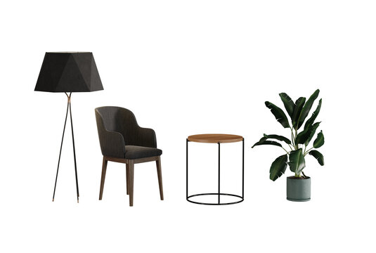 Chair, table, plant and lamp on a transparent background. The concept of arranging an apartment, room, interior design.
