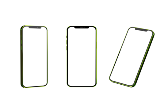 Isolated telephone in different positions on a transparent background with a white blank display. Technology concept, using phone to communicate content.