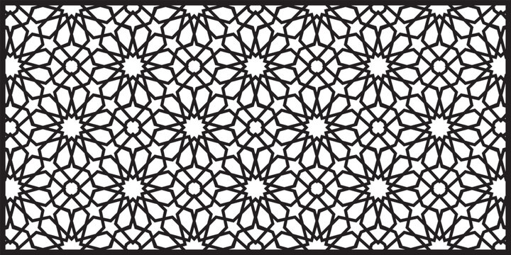 2D CAD drawing of Islamic geometric pattern. Islamic patterns use elements of geometry that are repeated in their designs. The pattern is drawn in black and white. 