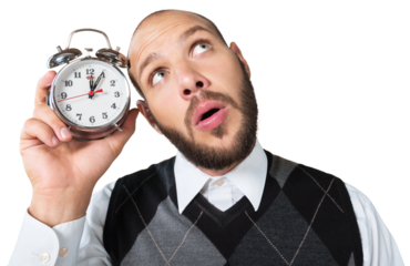 Creative funny pensive businessman with alarm clock with concept strategy