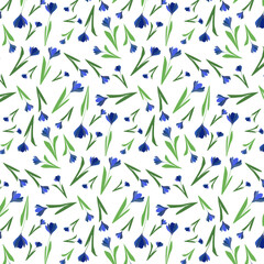 Decorative seamless pattern with blue crocus flowers cute ornament. White background. Isolated floral print. Flat vector print for textile, fabric, giftwrap, wallpapers. Endless illustration.