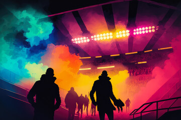 stylized soccer stadium with colorful lights and smoke with a silhouette of soccer players in the foreground, generative ai