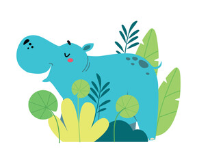 Cute hippo in bushes. Adorable African baby animal on nature cartoon vector illustration