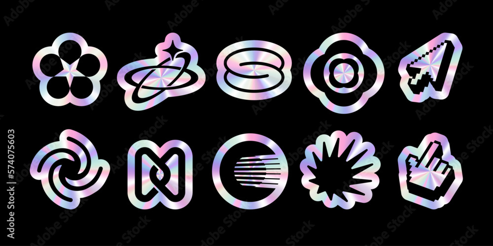 Poster y2k retro style holographic sticker set in various geometric shapes, including round and tag shapes.