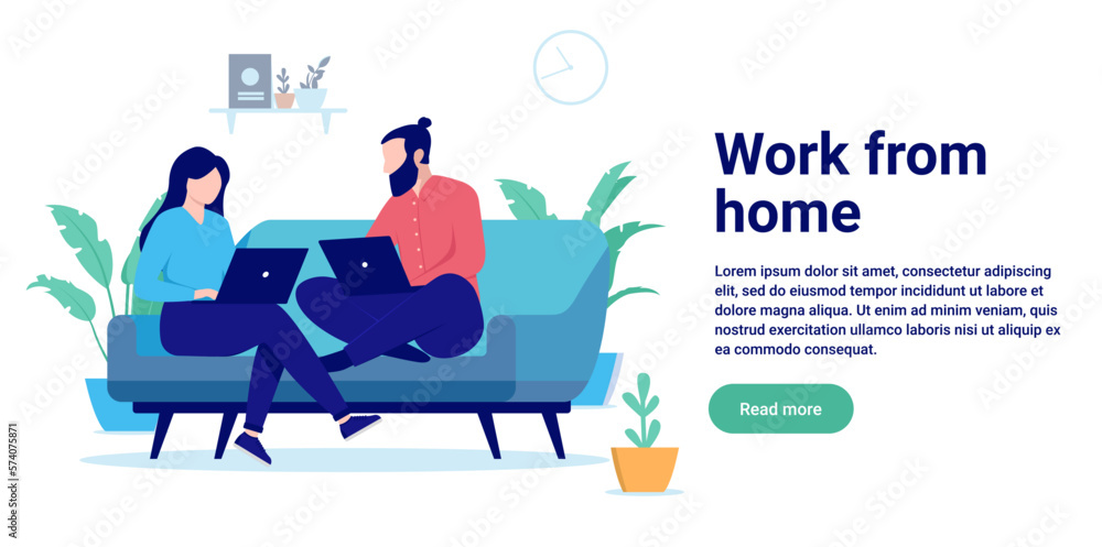 Poster work from home - couple sitting in couch with laptop computers working remotely together. flat desig