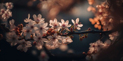 Cherry blossom. Closeup of spring blossom flower. Closeup of spring pastel blooming flower in orchard. Macro cherry blossom tree branch. Sakura bloom. AI generated.