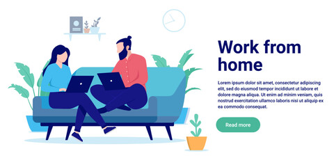 Work from home - Couple sitting in couch with laptop computers working remotely together. Flat design vector illustration with copy space and white background