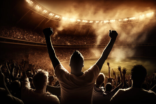 Football fans in the stands, raising their hands in excitement, creating a spectacular display of support and energy, generative ai