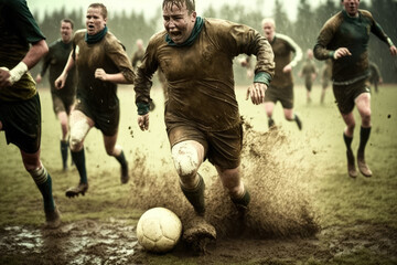 Fototapeta premium Epic soccer match on a muddy amateur soccer field, generative ai